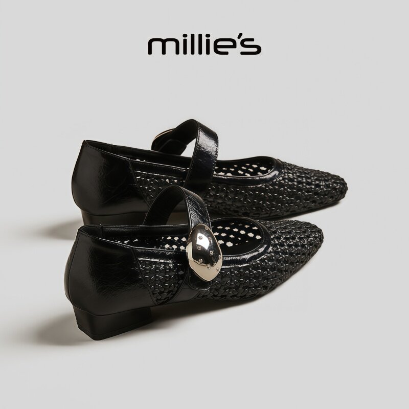 MILLIE'S/妙丽尖头平跟镂空编织设计高级感气质百搭浅口单鞋女