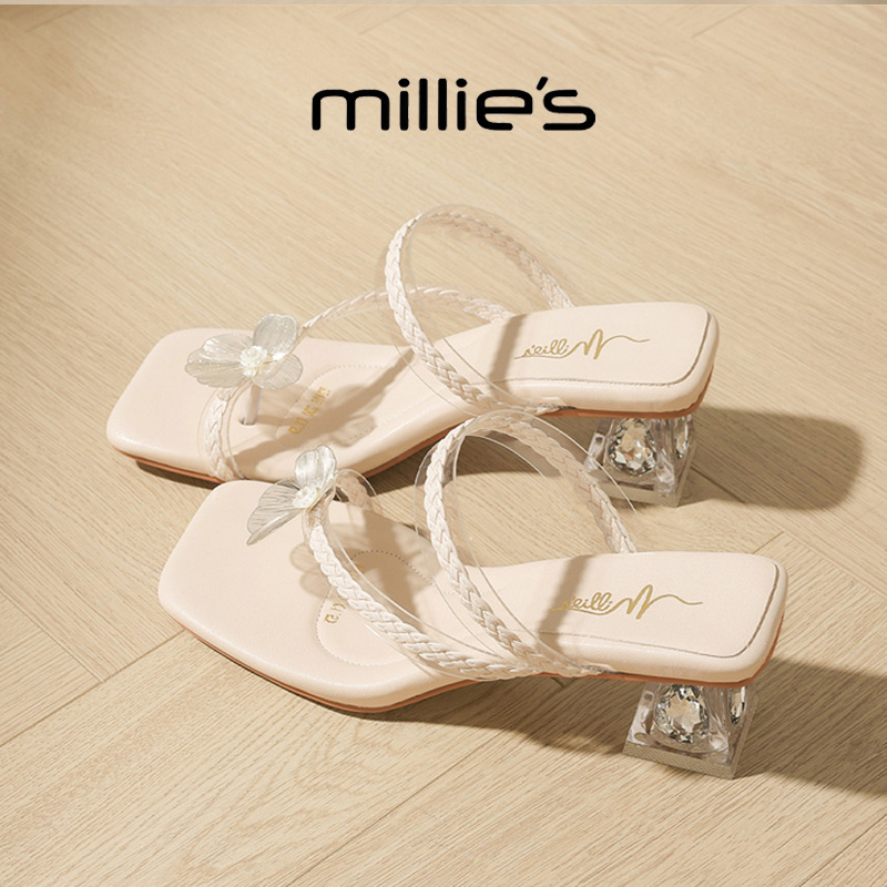 MILLIE'S/妙丽方头粗跟拼色设计感时尚休闲百搭一字扣带凉鞋女鞋