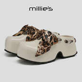 MILLIE 一脚蹬凉拖 女厚底勃肯鞋 妙丽潮流豹纹蝴蝶结包头拖鞋