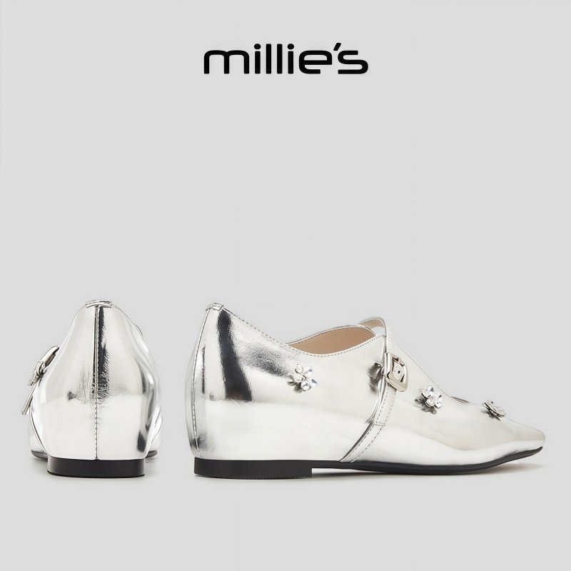 MILLIE'S/妙丽银色水钻花朵玛丽珍鞋女一字带方头平底亮面单鞋,女鞋,婚鞋,淘宝优惠券,粉丝福利购,淘宝优惠卷