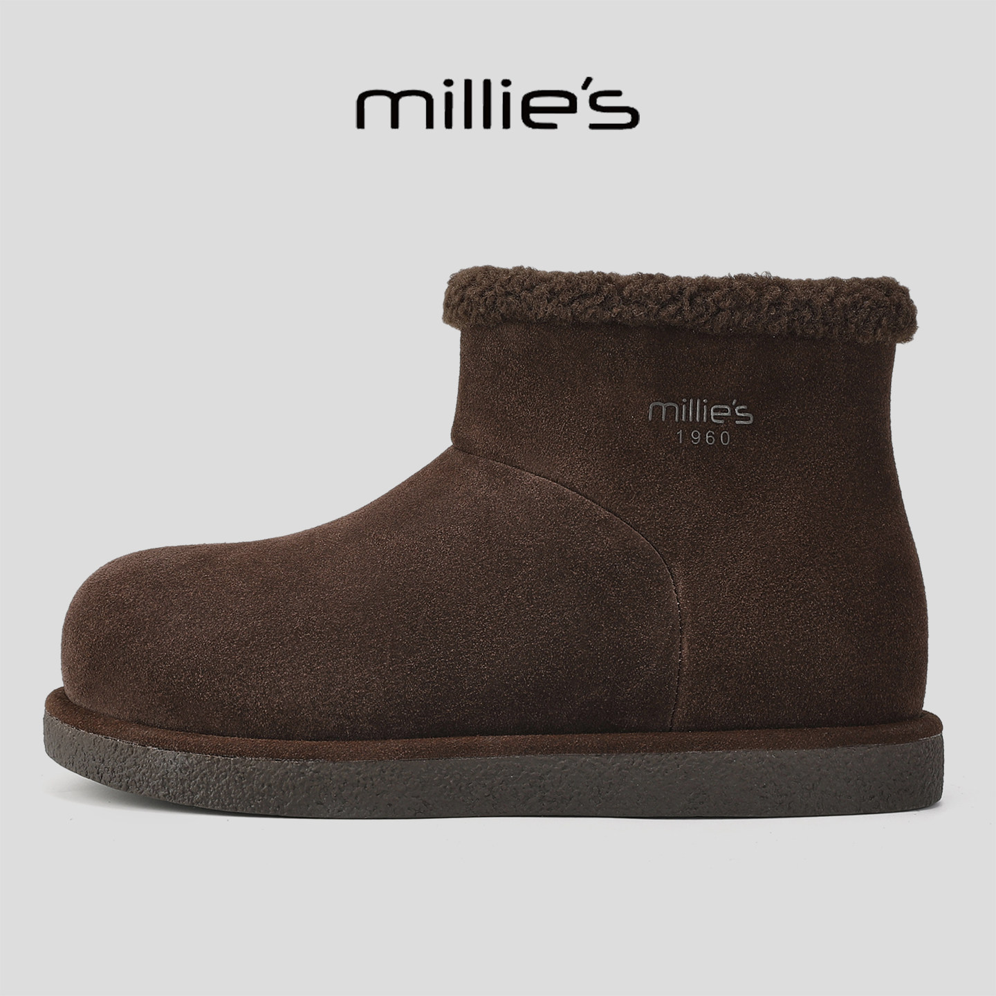 MILLIE'S/妙丽加绒短靴女秋冬保暖毛毛靴子厚底内增高显瘦雪地靴