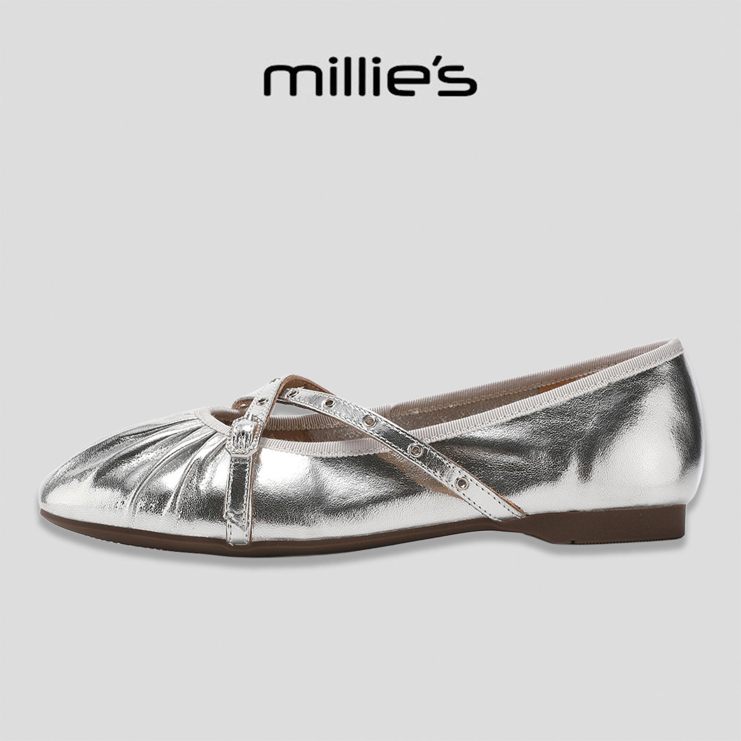 MILLIE'S/妙丽新款交叉绑带银色芭蕾鞋女真皮魔术贴平底单鞋夏季G
