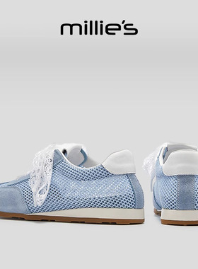 MILLIE'S/妙丽圆头平底网面蕾丝拼接休闲鞋蓝色德训鞋运动鞋女鞋