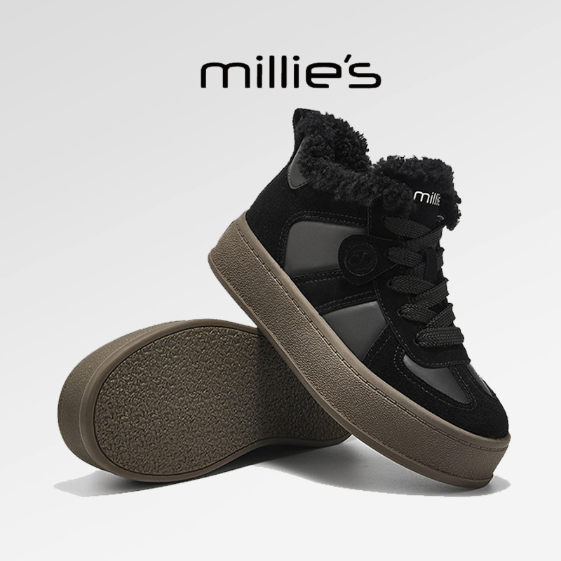 MILLIE'S/妙丽圆头皮毛一体复古保暖棉鞋加绒板鞋2026秋冬新款