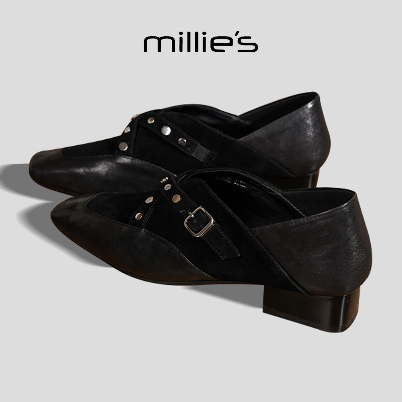 MILLIE'S/妙丽2026新款方头单鞋女粗跟小皮鞋时尚皮带扣深口中跟