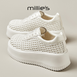 MILLIE'S/妙丽圆头厚底低帮韩系显脚小日常百搭时尚休闲小白鞋女
