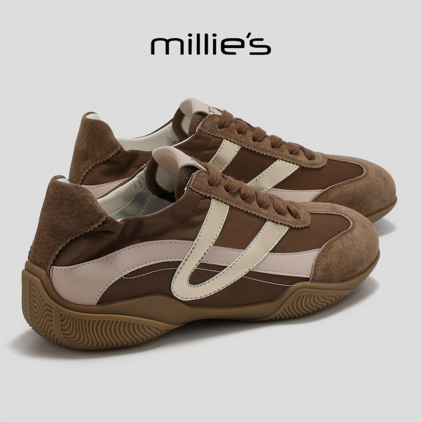 MILLIE'S/妙丽复古拼色德训鞋女反绒皮百搭休闲运动鞋系带老爹鞋,女鞋,老爹鞋,淘宝优惠券,粉丝福利购,淘宝优惠卷