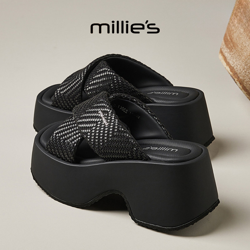 MILLIE'S/妙丽圆头厚底交叉绑带水钻编织独特别致时尚休闲拖鞋女,女鞋,一字拖,淘宝优惠券,粉丝福利购,淘宝优惠卷