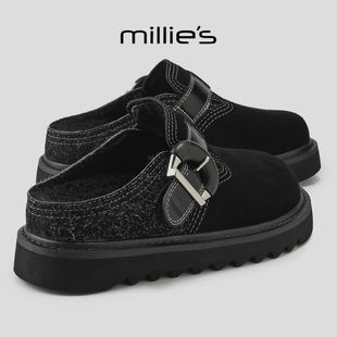 MILLIE'S/妙丽2025新款冬季厚底一脚蹬休闲百搭勃肯鞋黑色大头鞋