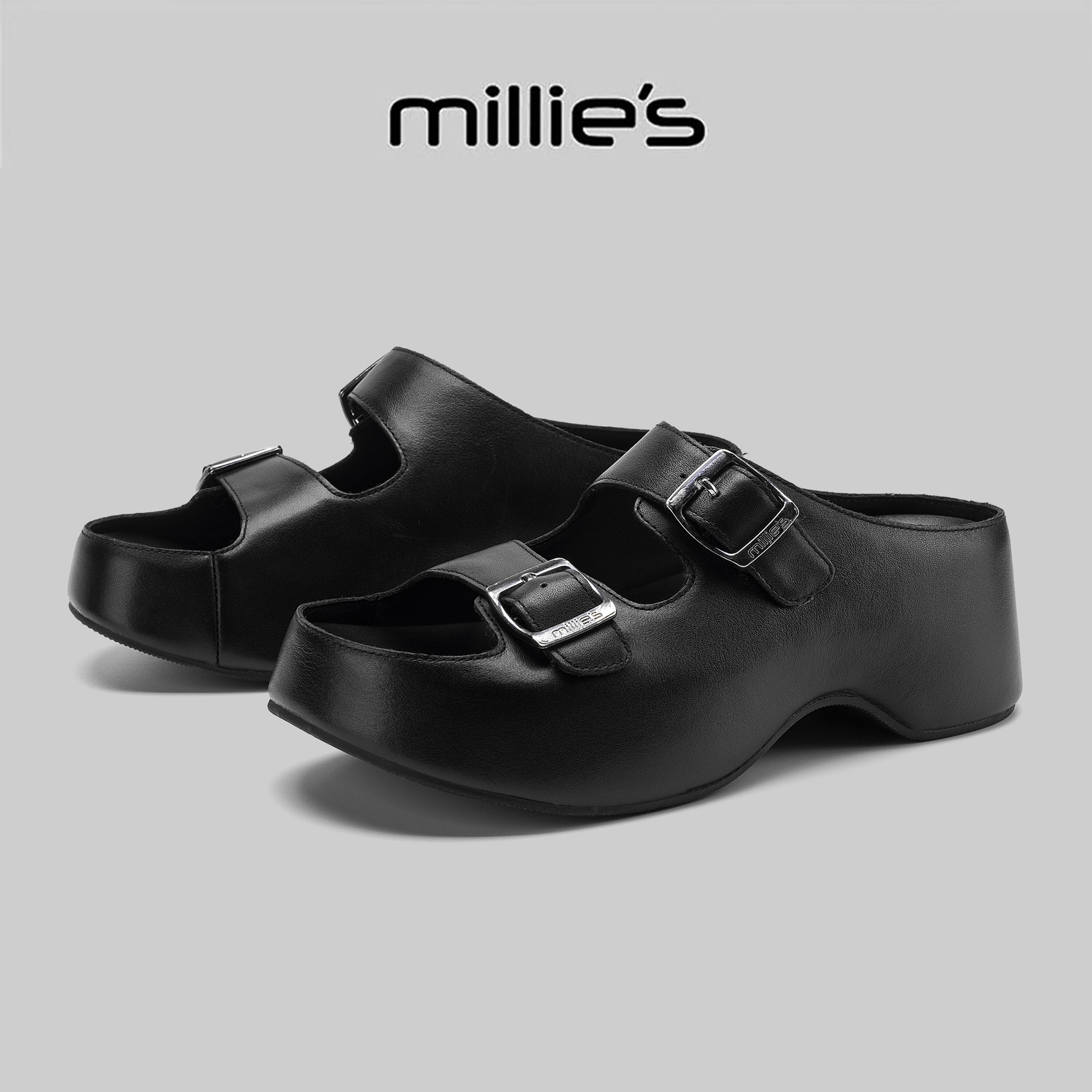 MILLIE'S/妙丽黑色厚底双扣带凉鞋女夏季外穿不累脚增高休闲拖鞋