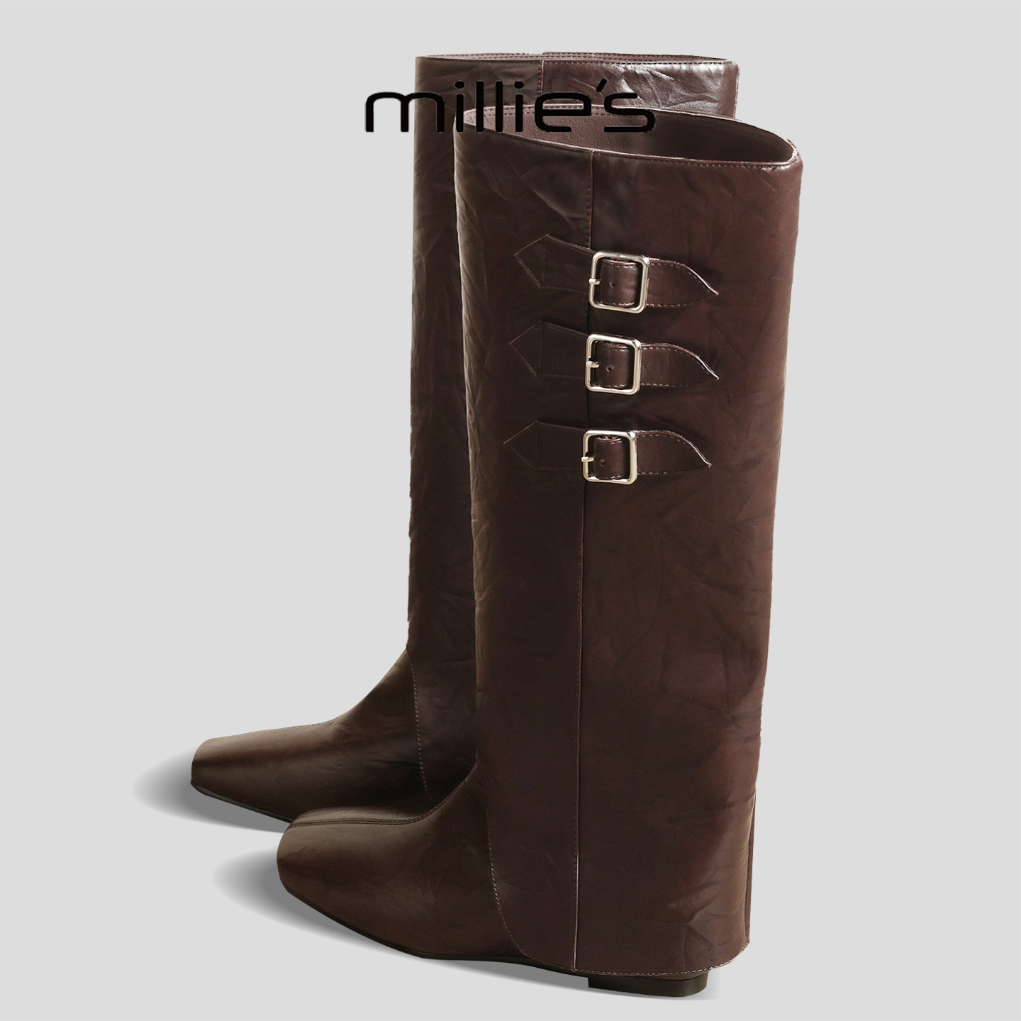 MILLIE'S/妙丽2025新款加绒保暖长靴增高显瘦复古百搭舒适骑士靴,女鞋,马丁靴,淘宝优惠券,粉丝福利购,淘宝优惠卷