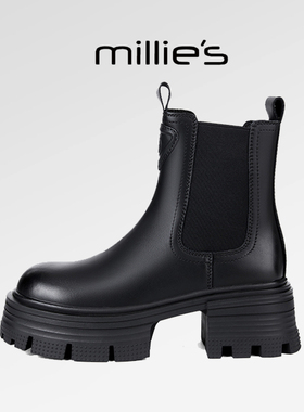 millies妙丽女靴2025新款秋冬季 圆头加绒雪地靴真皮防滑烟筒皮靴