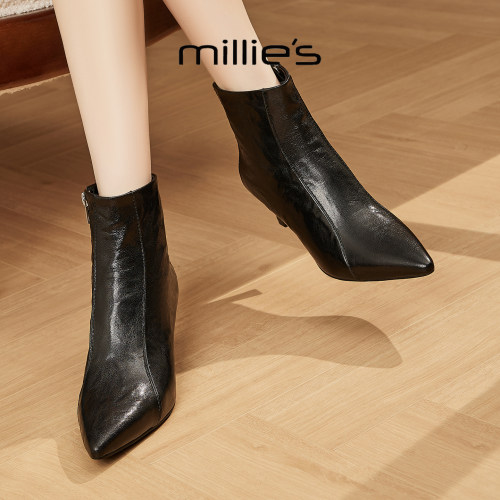 MILLIE'S/妙丽真皮尖头切西尔靴
