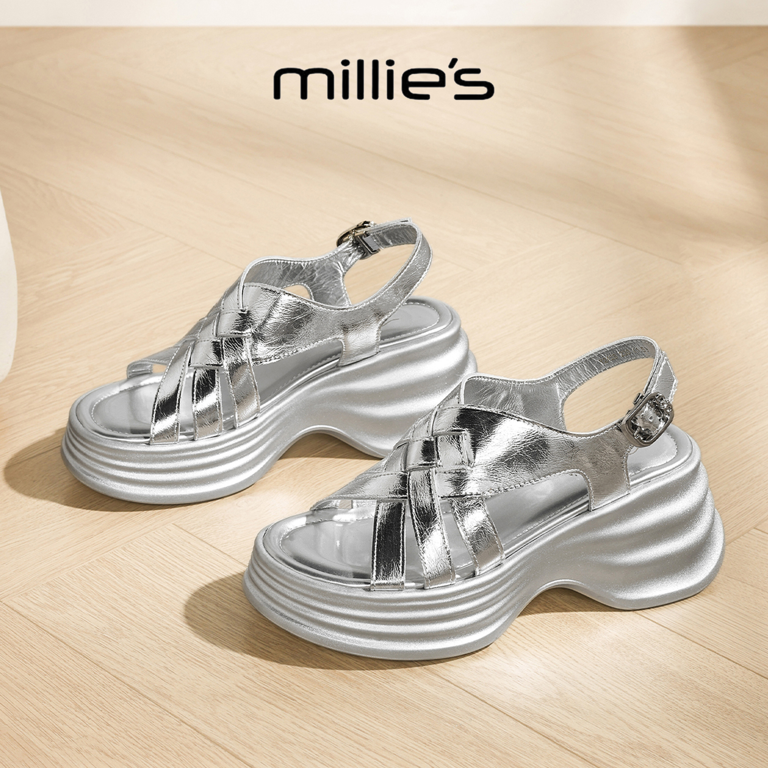 MILLIE'S/妙丽2026新银色厚底镂空凉鞋女时尚百搭舒适显高休闲鞋