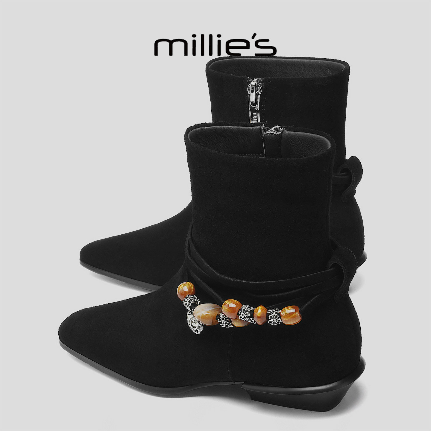 MILLIE'S/妙丽真皮粗跟短靴