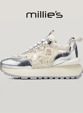 millies妙丽 圆头厚底银色蕾丝透气百搭运动时尚休闲老爹鞋春季