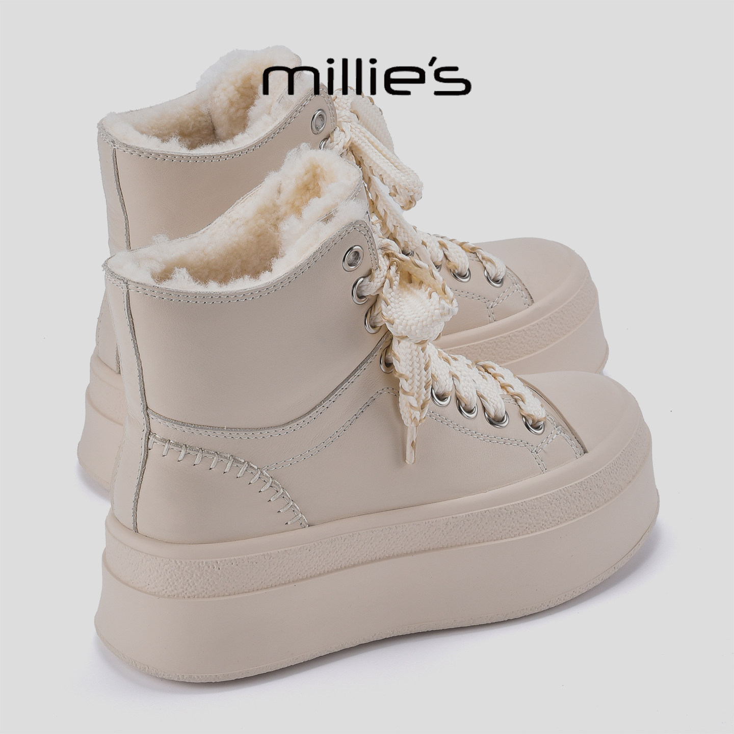 MILLIE'S/妙丽2026冬季新款加绒保暖白色雪地靴厚底系带休闲短靴