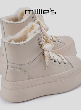 MILLIE'S/妙丽2025冬季新款加绒保暖白色雪地靴厚底系带休闲短靴