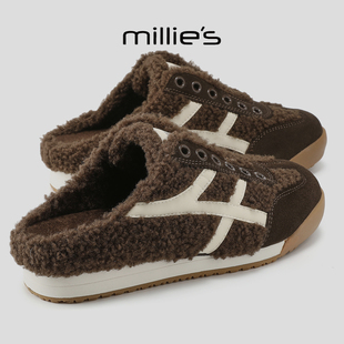 MILLIE'S/妙丽2025冬季新款包头拖鞋女加绒保暖毛毛鞋户外半包鞋