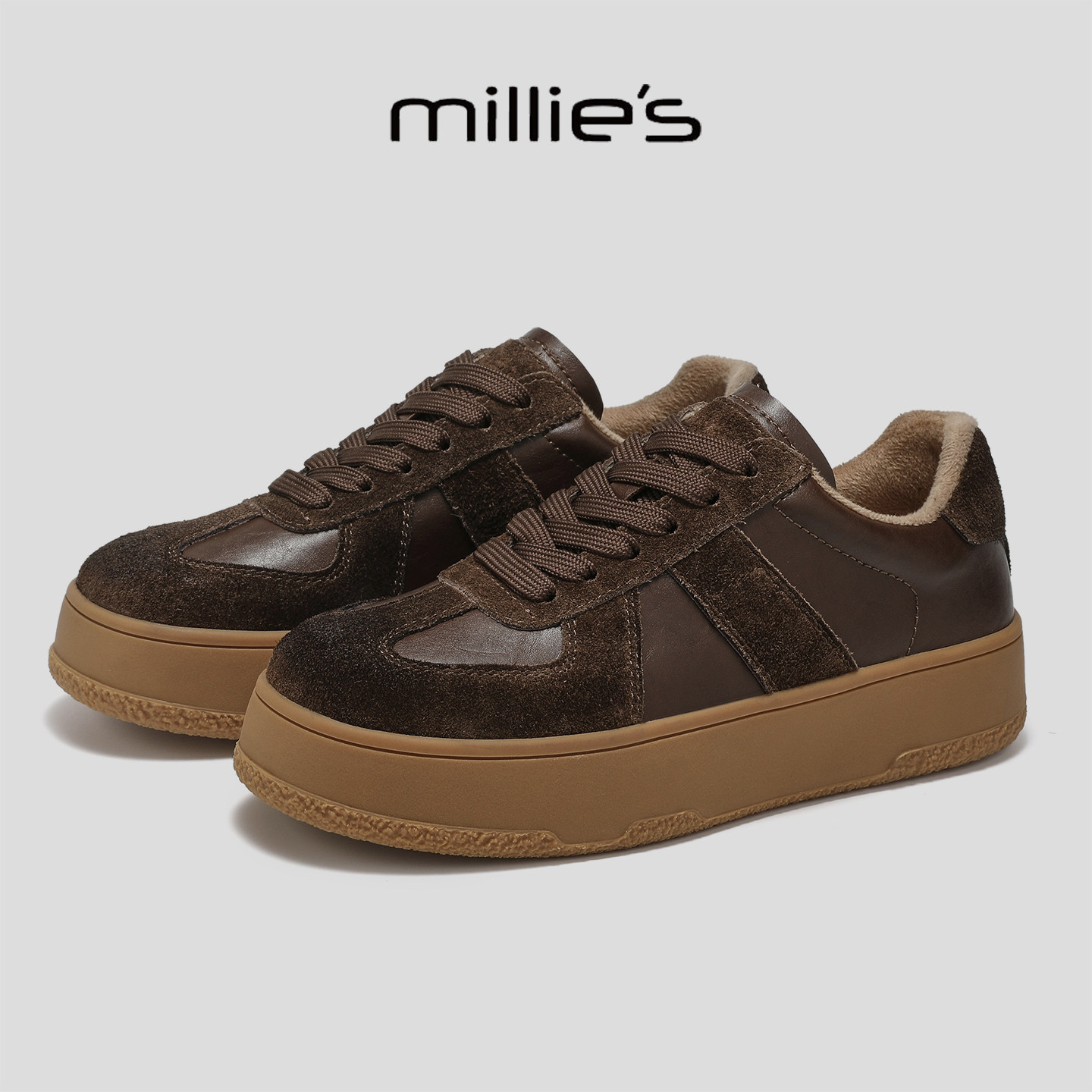 MILLIE'S/妙丽巨好看不累脚时尚百搭厚底增高加绒复古运动休闲鞋