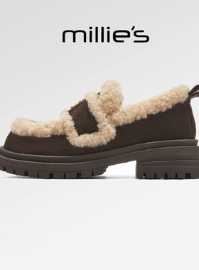 millies妙丽女鞋厚底美拉德毛毛鞋一脚蹬保暖加绒外穿乐福鞋冬季