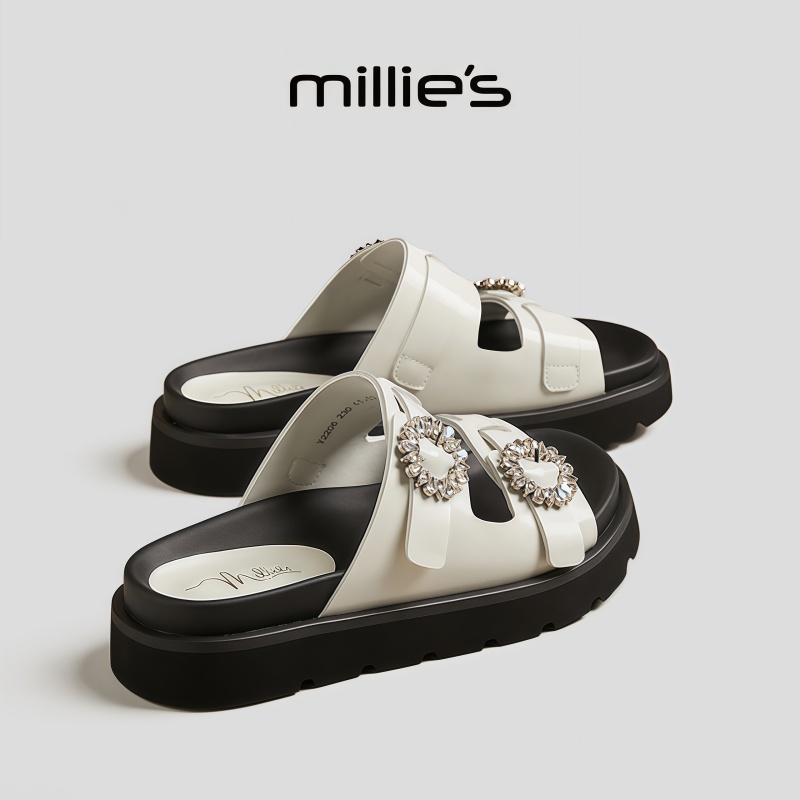 MILLIE'S/妙丽露趾厚底一脚蹬闪闪亮片简约田园风时尚休闲拖鞋女