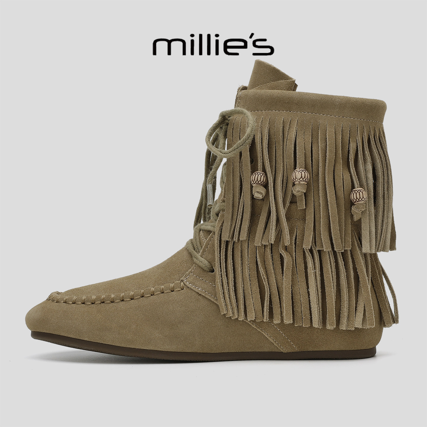 MILLIE'S/妙丽欧美风流苏设计感复古真皮加绒保暖厚底女靴冬新款