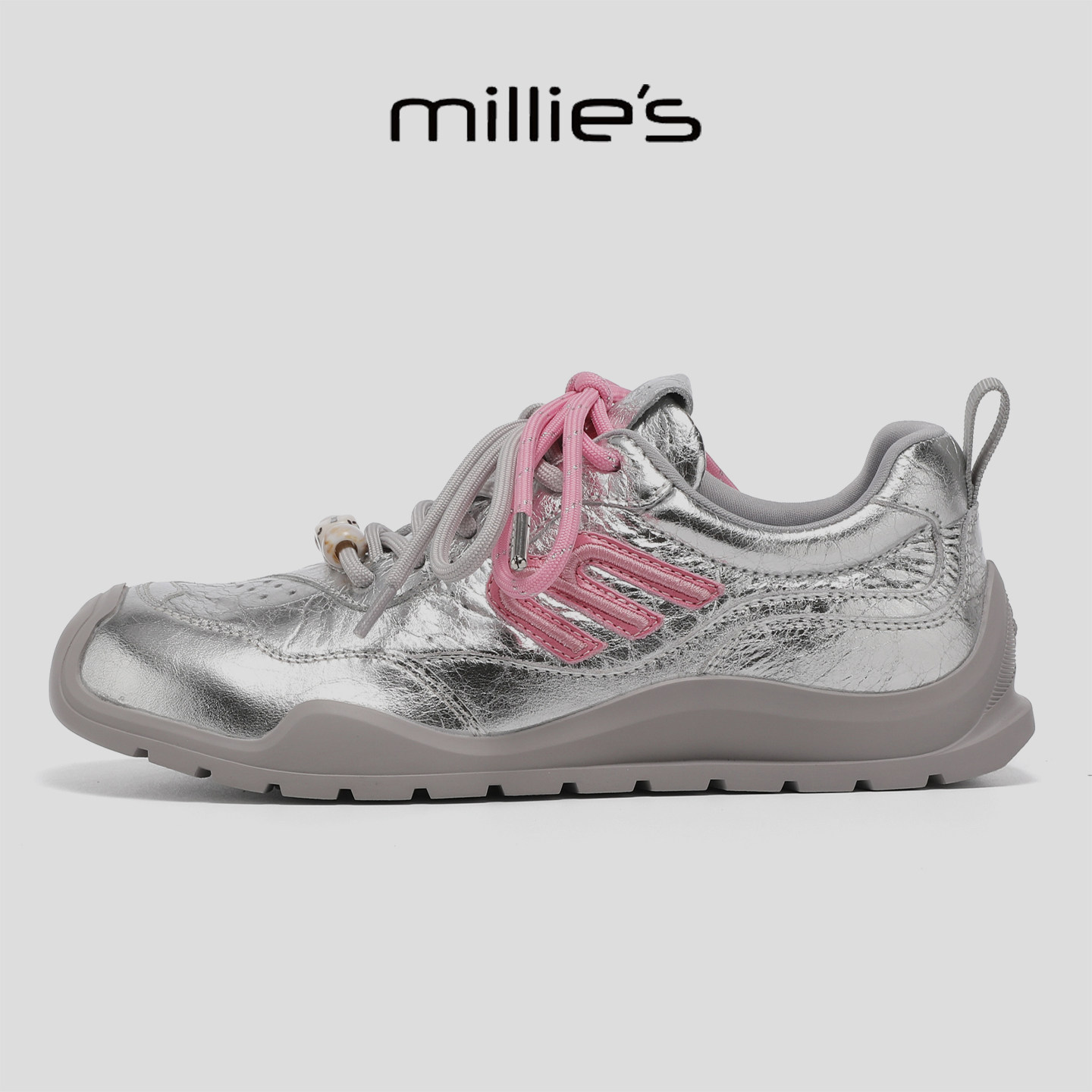 MILLIE'S/妙丽不累脚银色德训鞋女2026春夏新款百搭双绑带休闲鞋