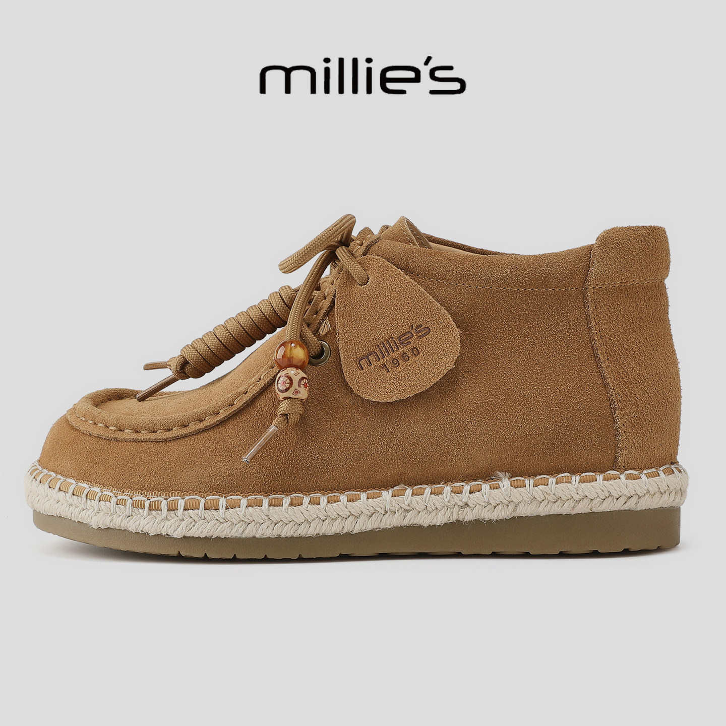 MILLIE'S/妙丽2025冬季新款加绒加厚勃肯鞋系带平底休闲通勤女鞋