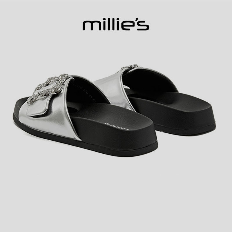 MILLIE'S/妙丽圆头平底一字扣带水钻设计感时尚百搭休闲凉鞋女