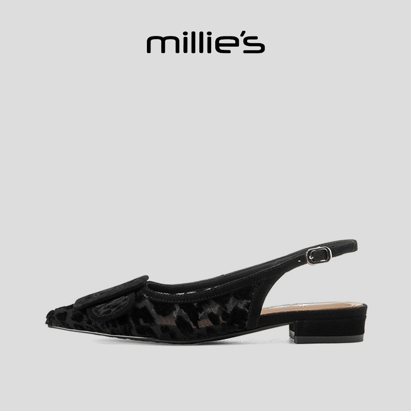 MILLIE'S/妙丽尖头平底韩版黑色性感复古优雅气质时尚百搭凉鞋女