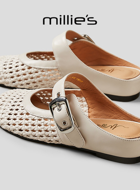 MILLIE'S/妙丽2025新款圆头平底日常通勤黑色网状编织百搭休闲鞋