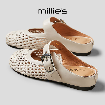 MILLIE'S/妙丽2026新款圆头平底日常通勤黑色网状编织百搭休闲鞋