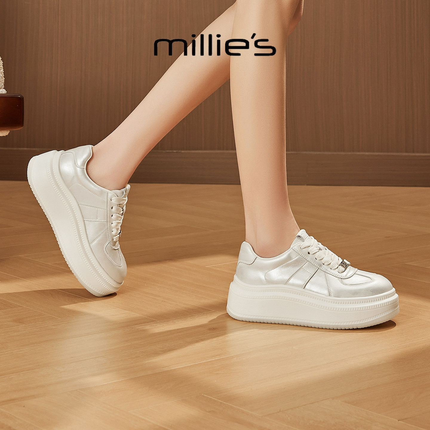 MILLIE'S/妙丽2026新款时尚百搭女士厚底增高小白鞋系带休闲鞋