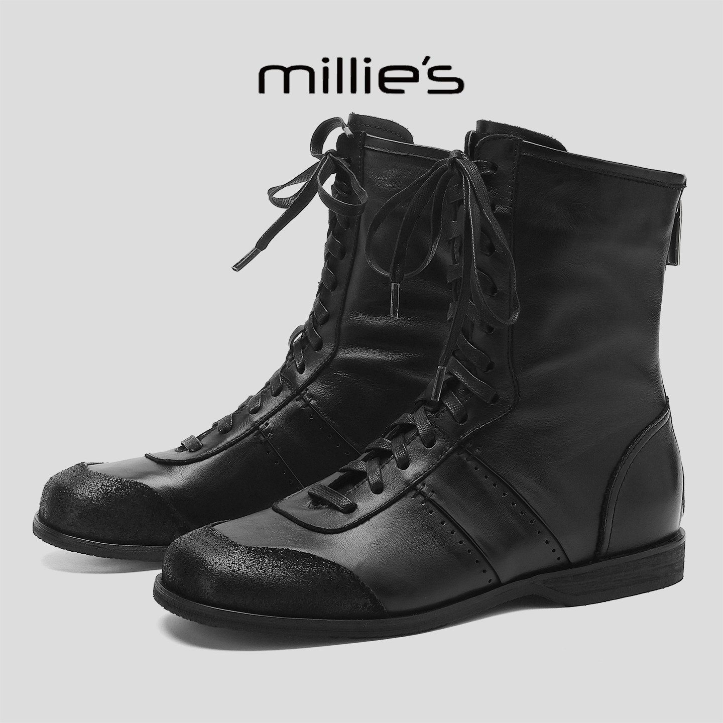 MILLIE'S/妙丽加绒保暖显瘦短靴复古黑色女系带皮靴机车靴时装靴,女鞋,骑士靴,淘宝优惠券,粉丝福利购,淘宝优惠卷