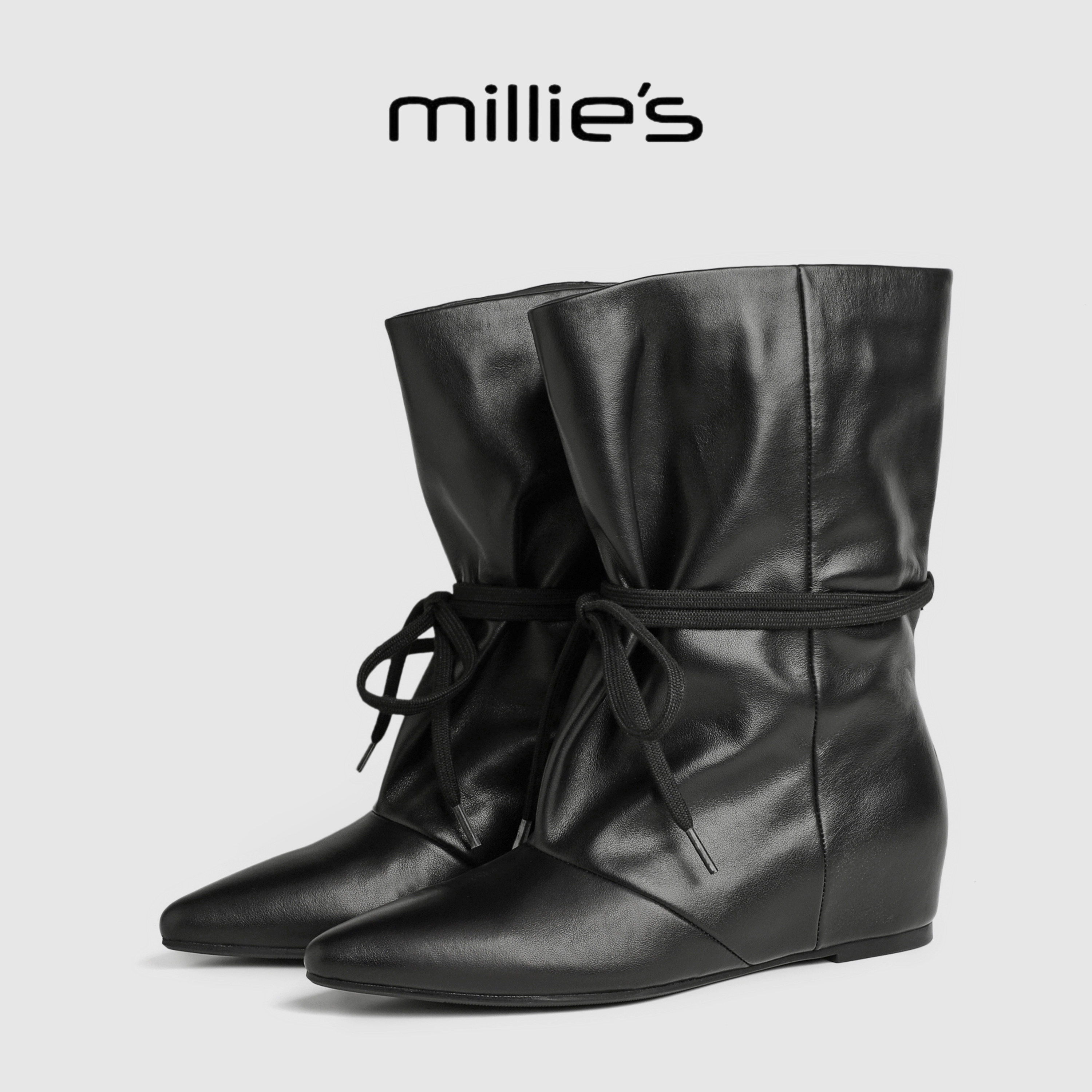 MILLIE'S/妙丽秋季黑色真皮尖头堆堆靴女绑带褶皱中筒尖头时装靴G