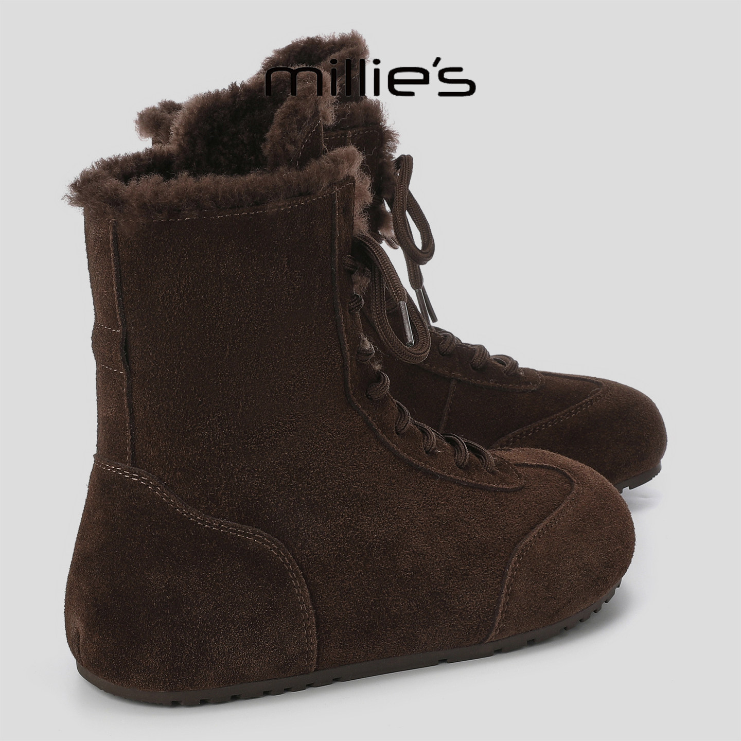 MILLIE'S/妙丽麂皮加绒短靴女系带保暖靴内增高显瘦不累脚弹力靴,女鞋,弹力靴/袜靴,淘宝优惠券,粉丝福利购,淘宝优惠卷