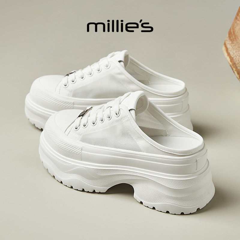 MILLIE'S/妙丽2026春夏季一脚蹬厚底增高半拖鞋轻奢小个子小白鞋