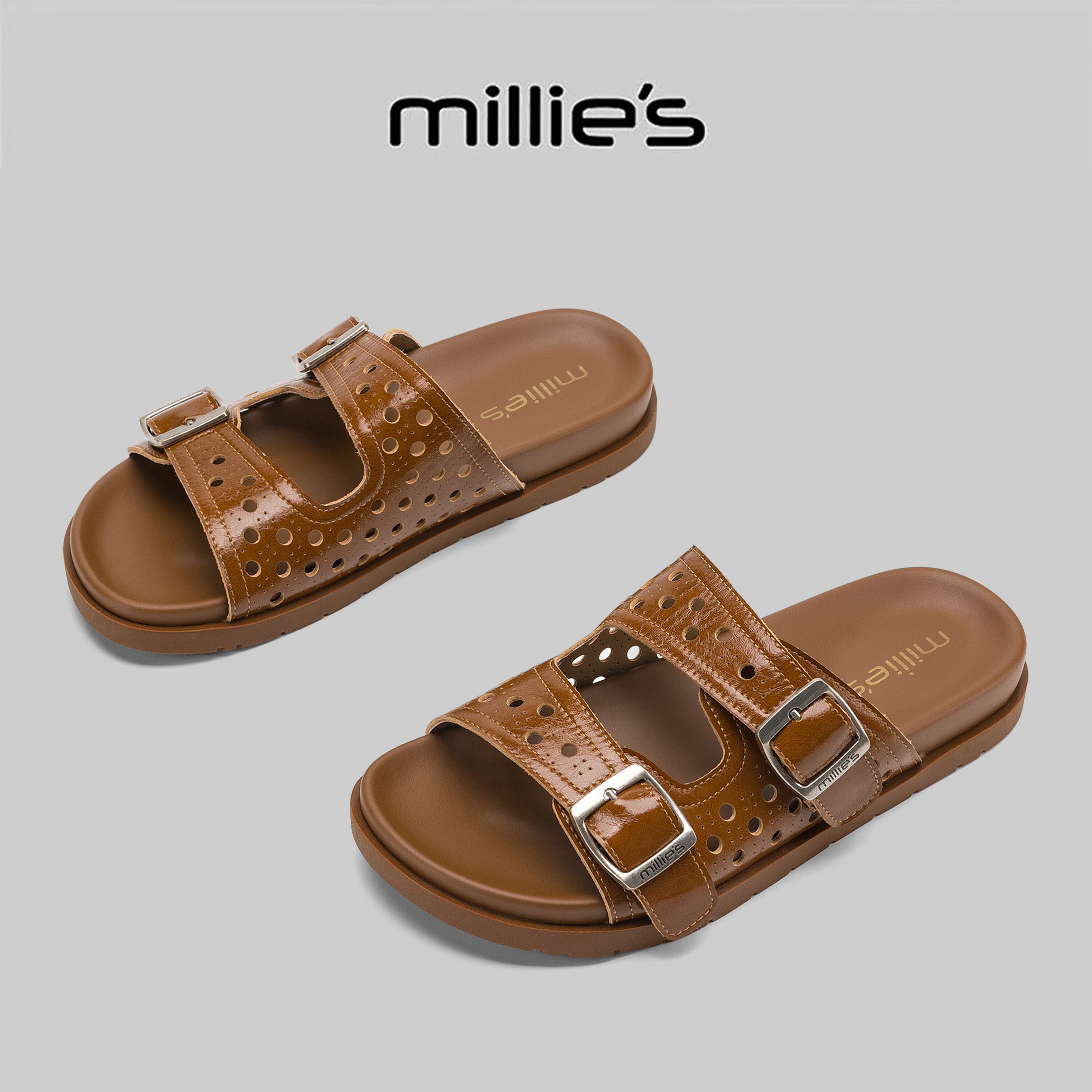 MILLIE'S/妙丽2026新款双扣带一字拖女款夏季外穿休闲平底凉拖鞋
