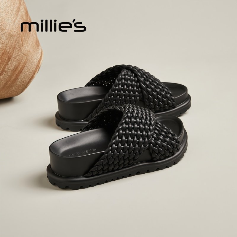 MILLIE'S/妙丽露趾厚底韩版手工编织独特别致时尚简约休闲拖鞋女,女鞋,一字拖,淘宝优惠券,粉丝福利购,淘宝优惠卷