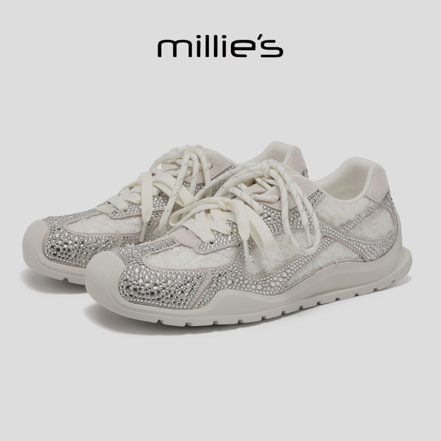 MILLIE'S/妙丽不累脚真皮软底德训鞋女水钻亮片休闲运动鞋阿甘鞋G