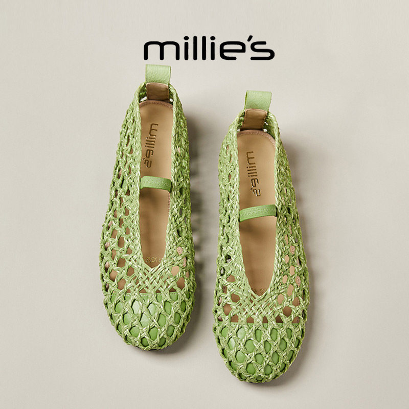 MILLIE'S/妙丽低跟编织镂空罗马凉鞋女外穿法式配裙子浅口单鞋