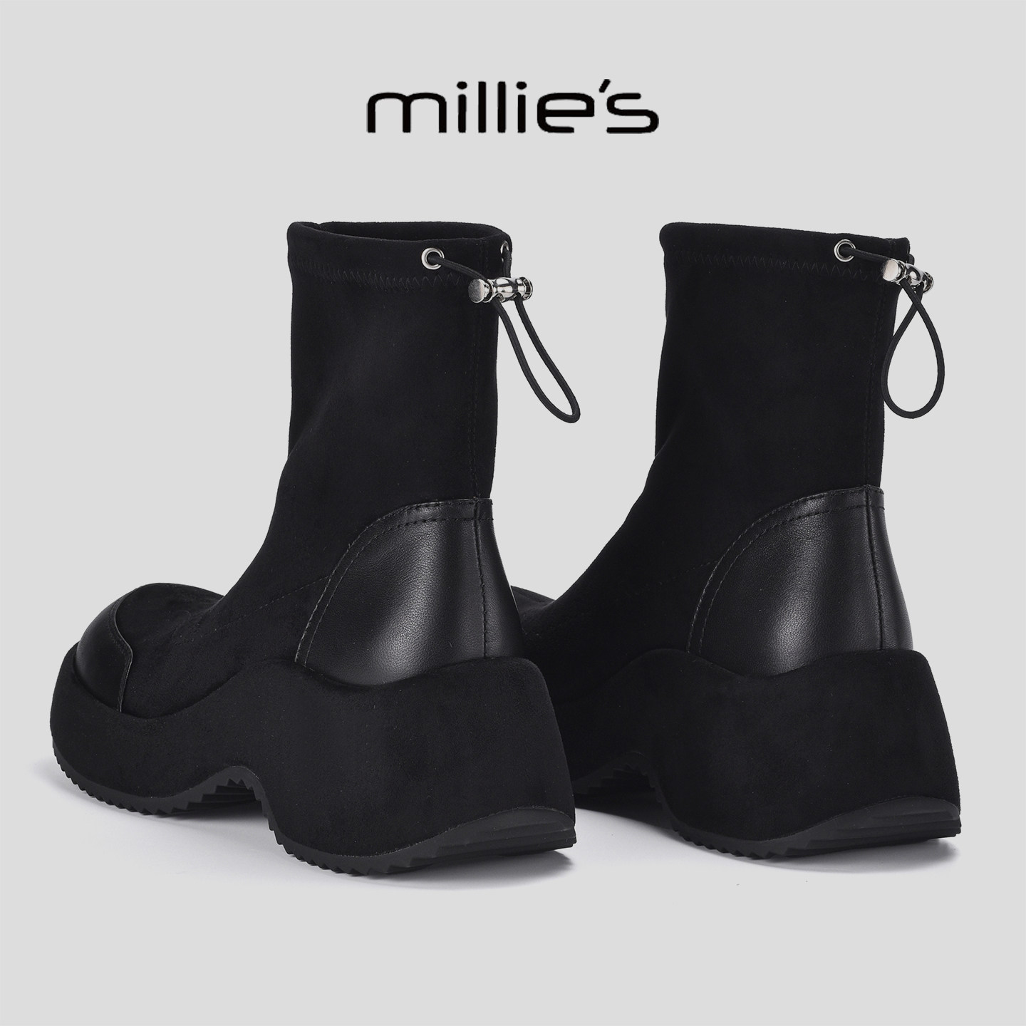 MILLIE'S/妙丽冬季加绒保暖短靴弹力套脚女瘦瘦靴厚底增高马丁靴