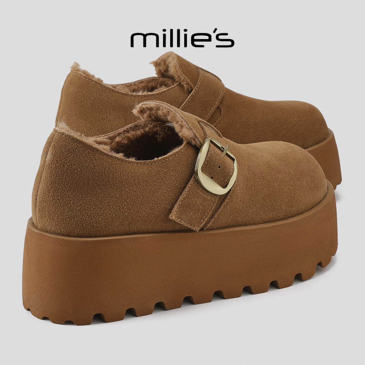 MILLIE'S/妙丽时尚松糕底加绒勃肯鞋女皮带扣厚底增高保暖工装鞋,女鞋,工装鞋,淘宝优惠券,粉丝福利购,淘宝优惠卷