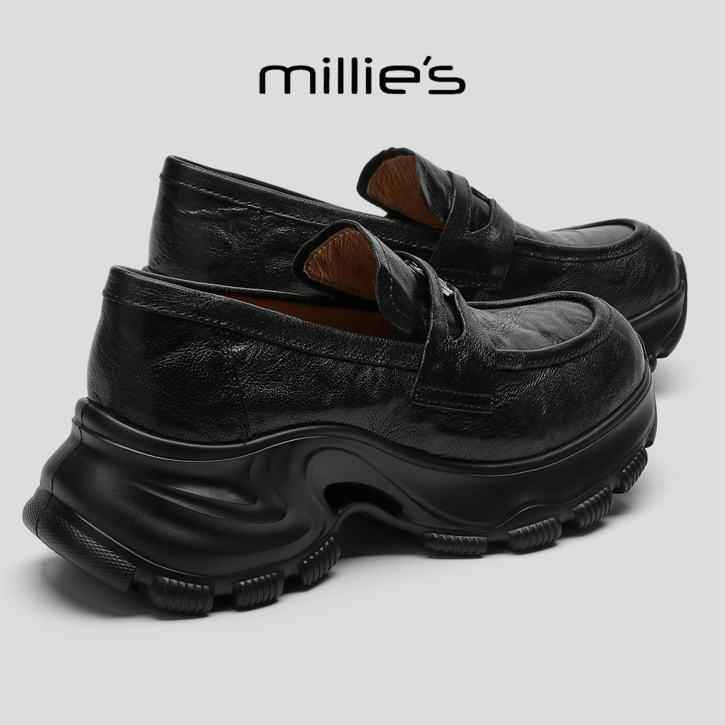 MILLIE'S/妙丽厚底乐福鞋女黑色老钱风一脚蹬金属扣百搭休闲单鞋,女鞋,乐福鞋（豆豆鞋）,淘宝优惠券,粉丝福利购,淘宝优惠卷