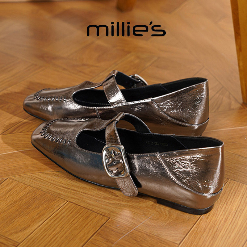 MILLIE'S/妙丽方头低跟复古风亮面漆皮舒适雨鞋休闲时尚玛丽珍鞋