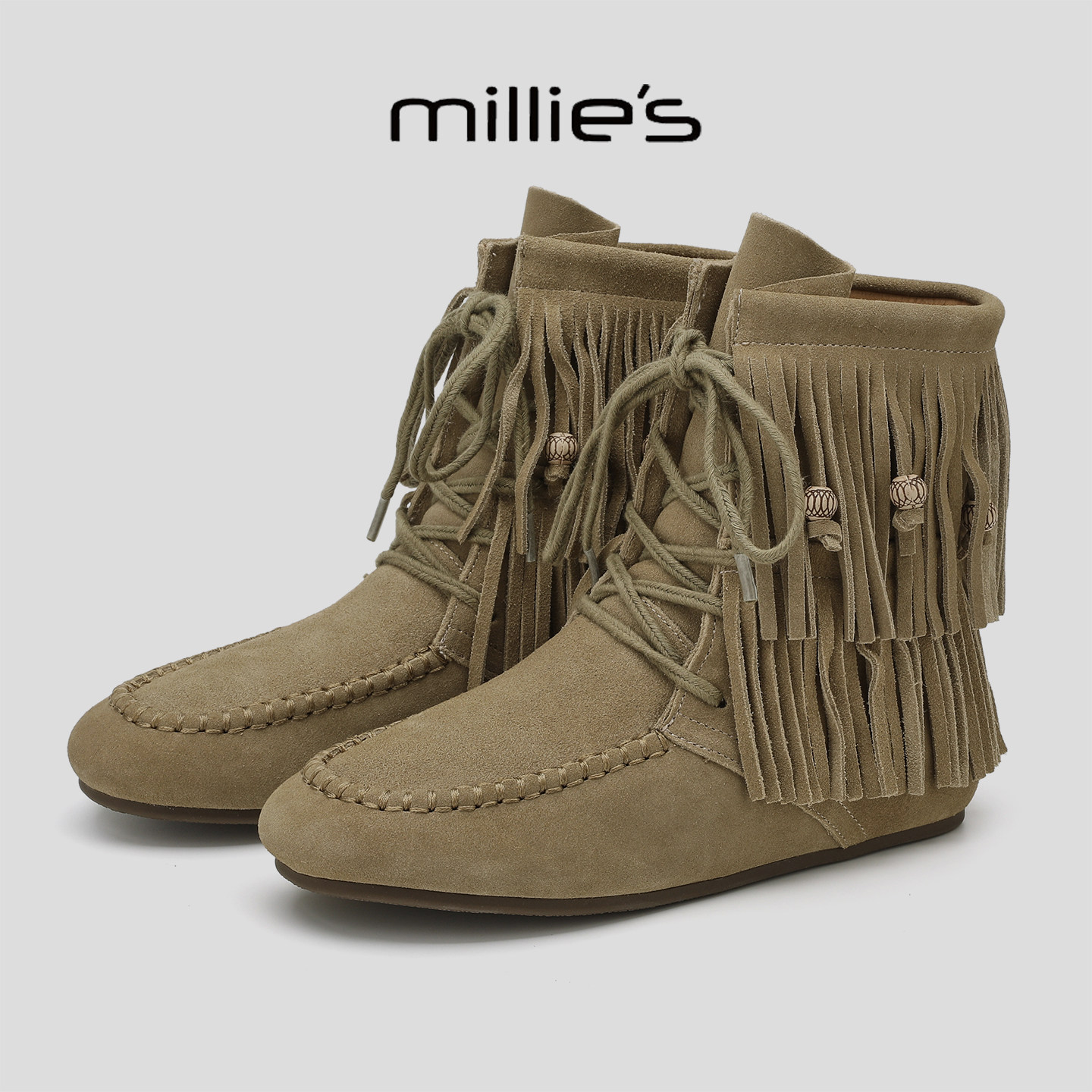 MILLIE'S/妙丽欧美风法式流苏设计感真皮加绒保暖厚底女靴秋冬款