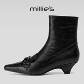 妙丽2025新款 MILLIE 加绒保暖及裸靴女真皮拼接尖头低跟短筒靴