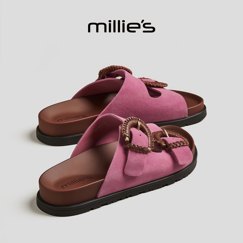 MILLIE'S/妙丽圆头平底玫红一脚蹬简约复古日常通勤时尚休闲拖鞋