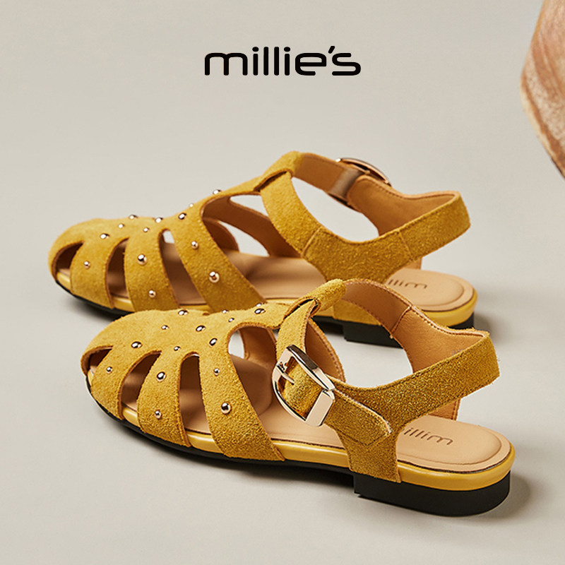 MILLIE'S/妙丽圆头平底金属塔扣罗马风格潮酷时尚休闲浅口单鞋女